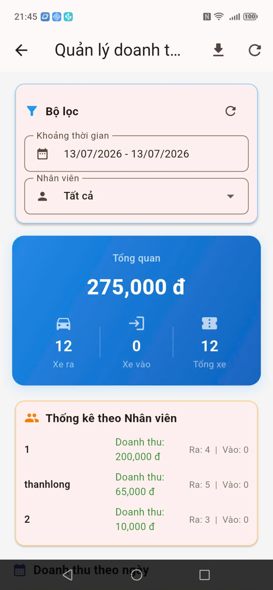Báo cáo chốt ca doanh thu KTP